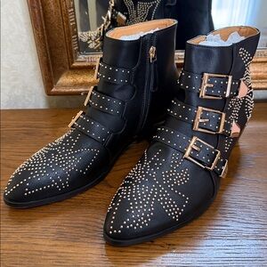 Black ARQA Studded Buckle Ankle Boots with Gold Hardware. Size 42.
